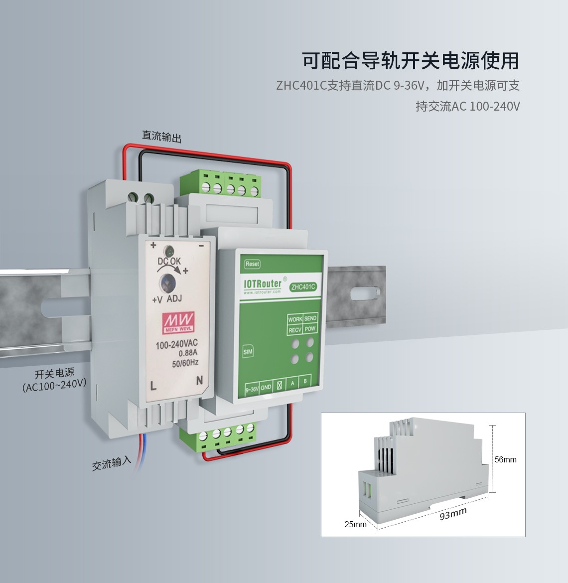 4G導(dǎo)軌式DTU可配合導(dǎo)軌開關(guān)電源使用
