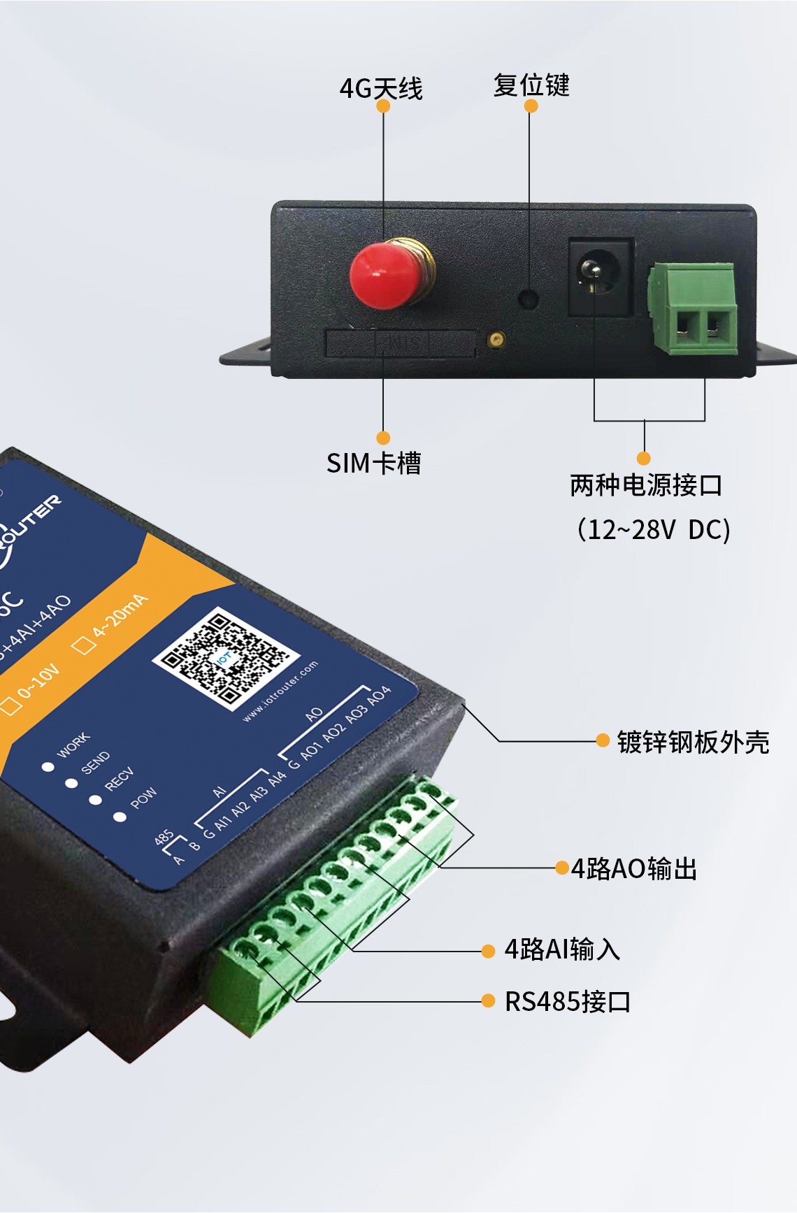 模擬量4G數(shù)傳終端ZHC466C接口展示